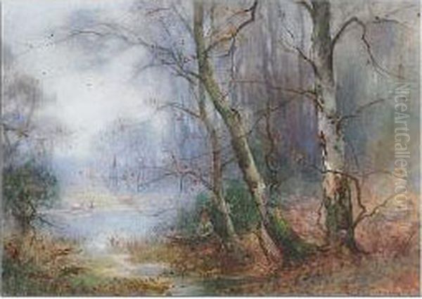 Woodland Clearing With Woman Gathering Firewood Beside A Pond Oil Painting by Thomas Tayler Ireland