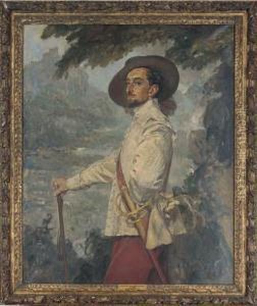 Portrait Of A Gentleman, 
Three-quarter-length, In A White Doublet And Red Breeches, In A 
Landscape Oil Painting by Thomas Tayler Ireland