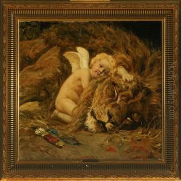 Amor By A Male Lion Oil Painting by Valdemar Irminger