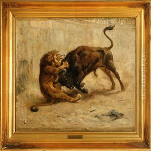 A Lion And Bull Fighting Oil Painting by Valdemar Irminger