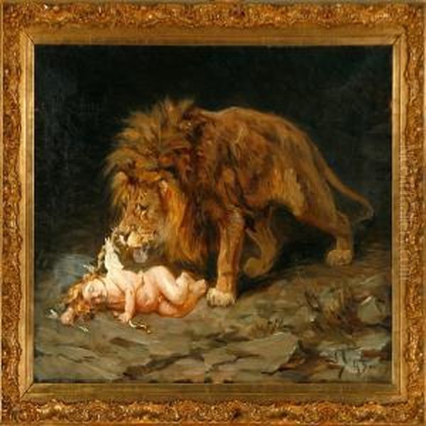 Amor And The Lion Oil Painting by Valdemar Irminger