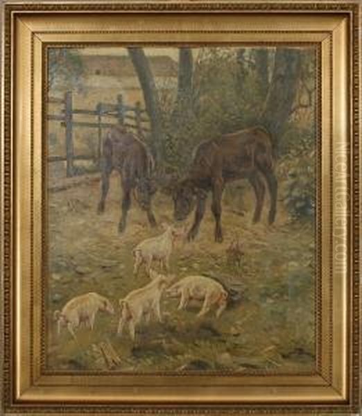 Calves And Piglets Oil Painting by Valdemar Irminger