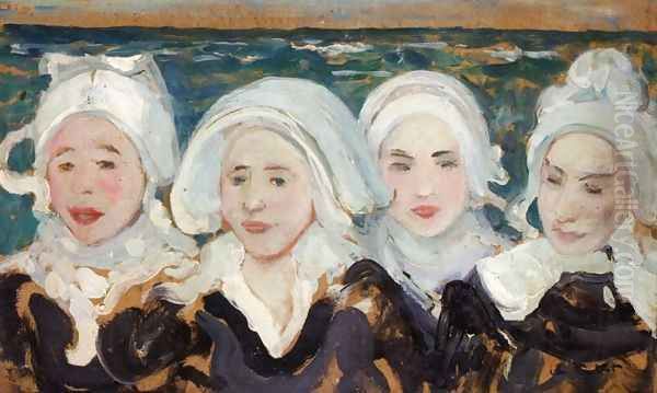 Four Breton Women at the Seashore Oil Painting by Charles Cottet