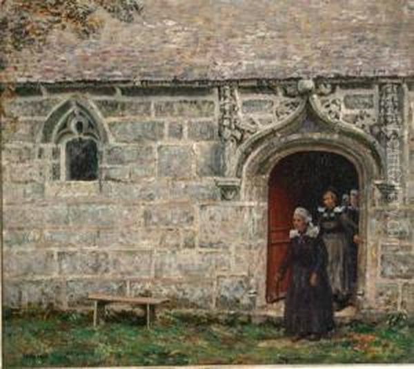 Women Departing A Stone Church In Brittany Oil Painting by Wilson Henry Irvine