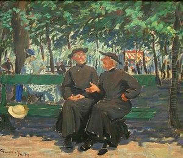 Two Priests On A Park Bench Oil Painting by Greville Irwin