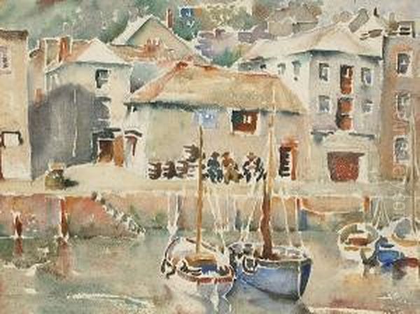 Cornish Harbour Oil Painting by Greville Irwin