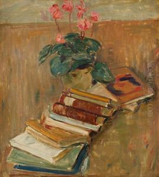 Stilllife With Flowers And Books Oil Painting by Karl Isakson