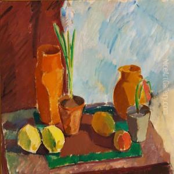 Stilllife With Hyacinth,vases And Fruits, C Oil Painting by Karl Isakson