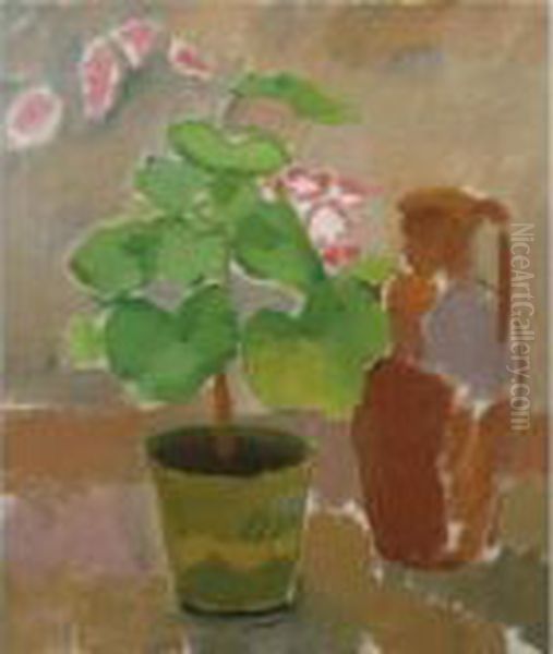 Stilleben Med Pelargon (still Life With Geraniums) Oil Painting by Karl Isakson