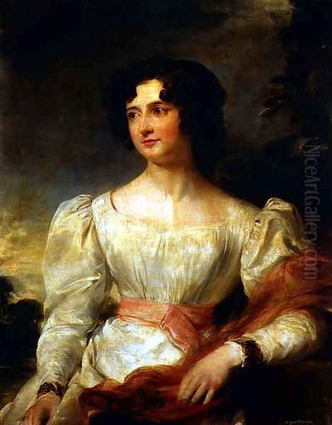 Portrait of Miss Belinda Way wearing a white dress and a pink sash Oil Painting by Margaret Sarah Carpenter