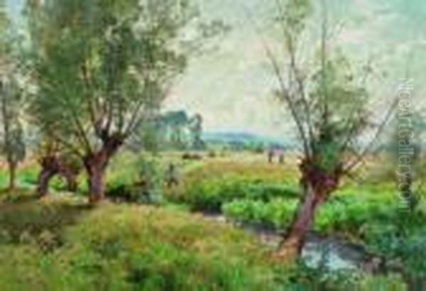 Paysage Au Ruisseau Anime De Paysans Oil Painting by Marie-Victor Emile Isenbart