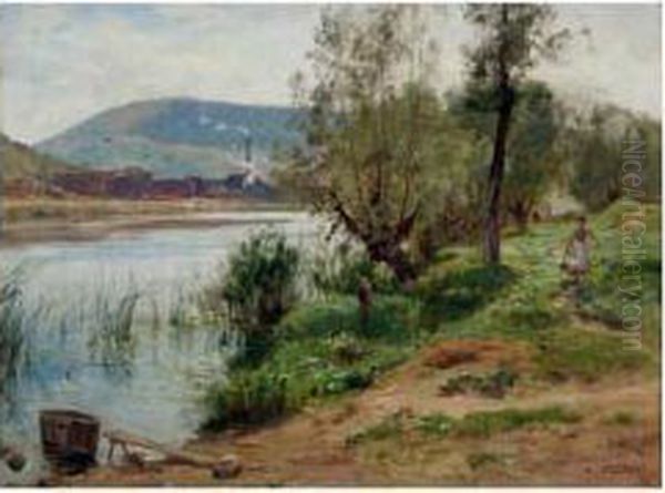 Bord De Riviere. Oil Painting by Marie-Victor Emile Isenbart