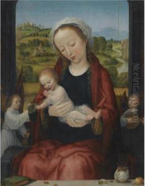 The Virgin And Child Enthroned, 
Attended By Angels Before An Open Window, An Extensive Fluvial Landscape
 Beyond Oil Painting by Adriaen Isenbrandt (Ysenbrandt)