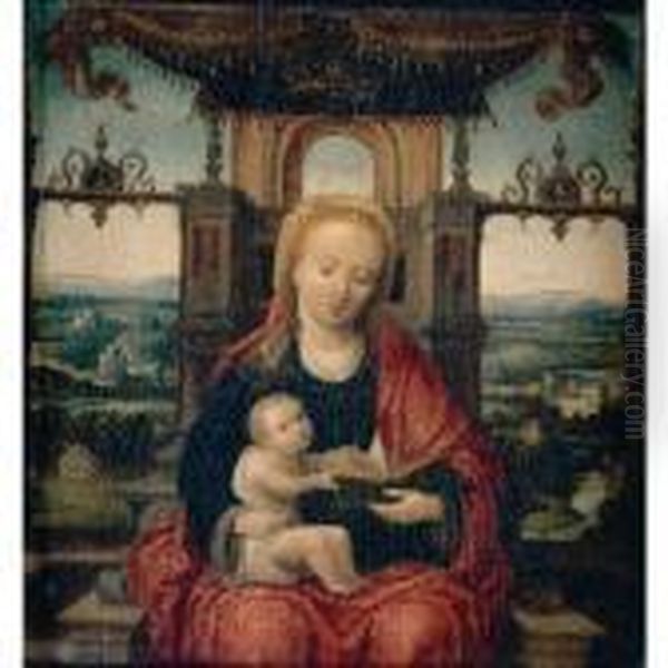 The Virgin And Child Enthroned With An Extensive River Landscape Beyond Oil Painting by Adriaen Isenbrandt (Ysenbrandt)