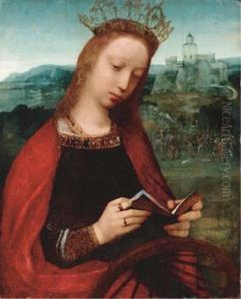 Saint Catherine Of Alexandria, With The Scene Of Her Martyrdom Beyond Oil Painting by Adriaen Isenbrandt (Ysenbrandt)