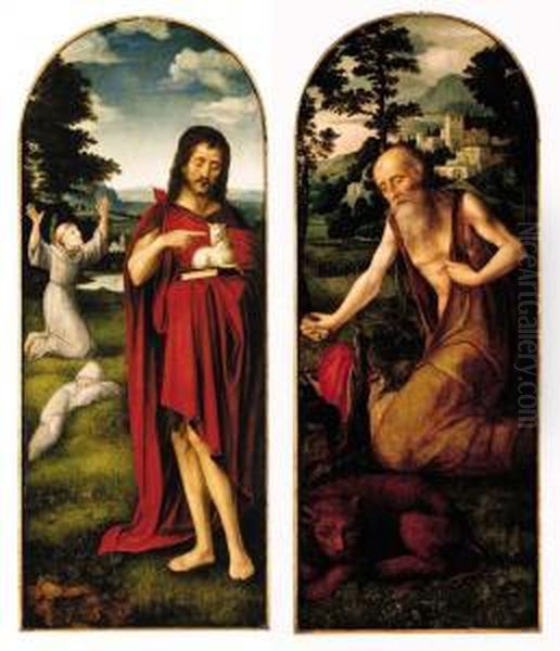 Saint John The Baptist In A 
Landscape, Saint Francis Of Assisi Beyond; And Saint Jerome In The 
Wilderness: Two Wings From An Altarpiece Oil Painting by Adriaen Isenbrandt (Ysenbrandt)