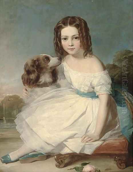 Portrait of a girl, seated full-length, in a white dress, stroking a spaniel, a fountain beyond Oil Painting by Margaret Sarah Carpenter