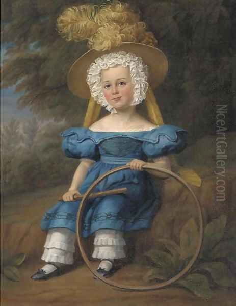 Portrait of a boy, seated full-length, in a blue dress and feathered hat, holding a hoop, in a landscape Oil Painting by Margaret Sarah Carpenter