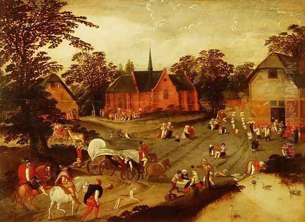 A village with gentlemen arriving on horseback, peasants in a covered wagon and a religious procession Oil Painting by Marten Van Cleve