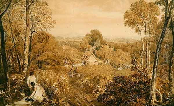 Wooded landscape with cottages and countrywomen, Hurley, Berks, 1818 Oil Painting by Joshua Cristall