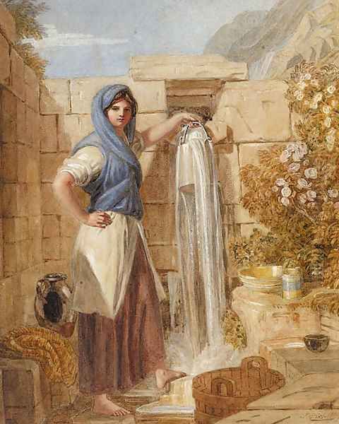 A Welsh girl at a fountain, Barmouth, Wales Oil Painting by Joshua Cristall