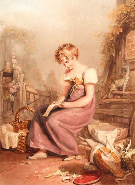 A young girl seated reading a letter Oil Painting by Joshua Cristall