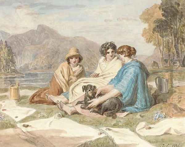 Washerwomen resting by a lake Oil Painting by Joshua Cristall