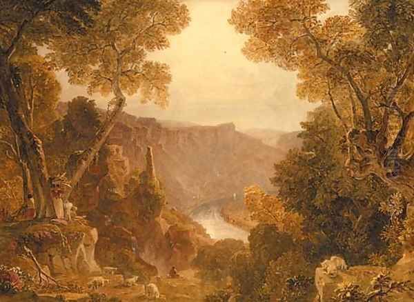 Figures gathering wood in a mountainous landscape Oil Painting by Joshua Cristall