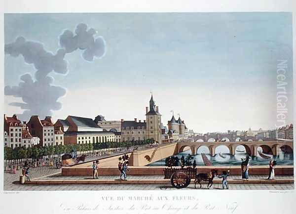 View of the Flower Market by the Palais de Justice, c.1816-20 Oil Painting by Henri Courvoisier-Voisin