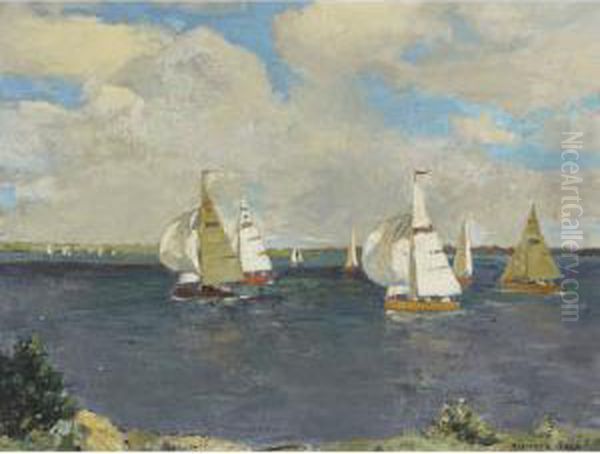 Sail Boats Off The Coast by Richard Jack