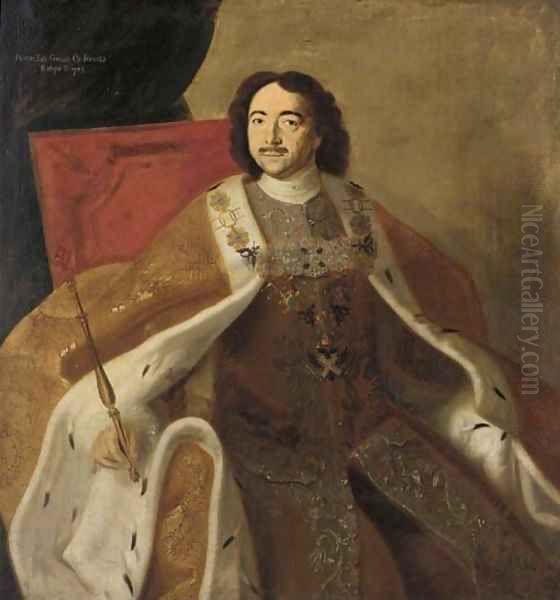 Portrait of Tsar Peter the Great, three-quarter-length sitting on the throne, in state robes with sceptre, wearing the order of St. Andrew Oil Painting by Louis Caravaque