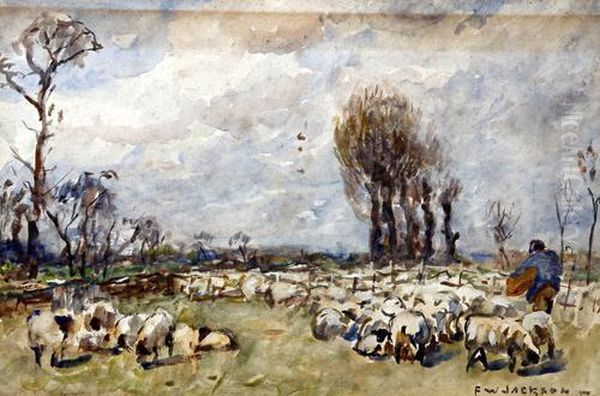 Shepherd And Flock In A Meadow Oil Painting by Frederick William Jackson