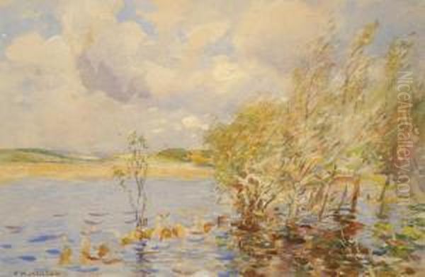 Wind Swept Yorkshire Landscape, With Trees And A Pond In The Foreground Oil Painting by Frederick William Jackson