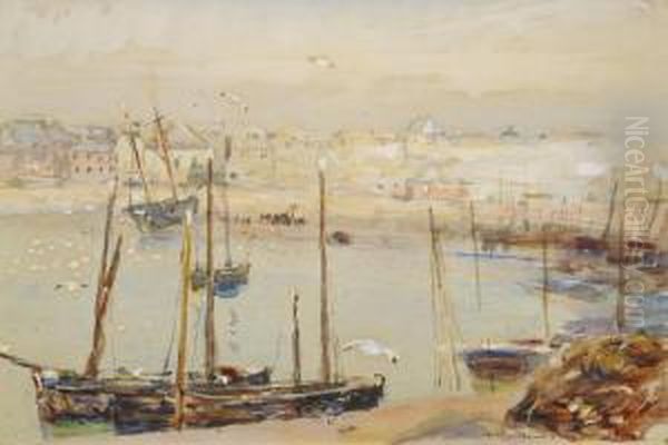 St Ives Harbour, Cornwall, Early Morning With Mist Oil Painting by Frederick William Jackson