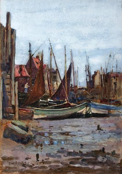 Fishing Boats And A Village Oil Painting by Frederick William Jackson