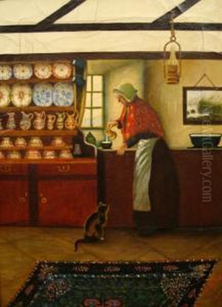 Interior Scene With A Lady In Cottage With Cat And Dresser Withdecorative Pottery Oil Painting by Frederick William Jackson