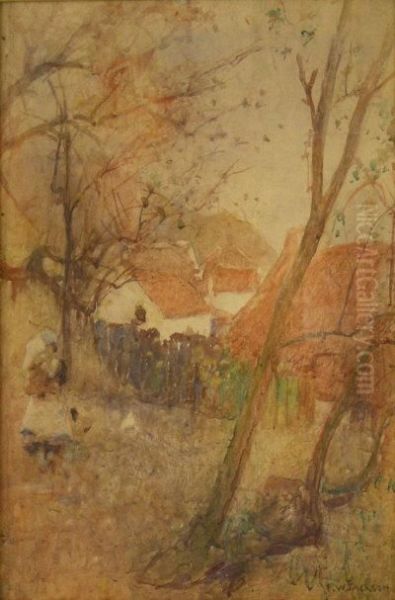 Cottages And Figures At Runswick Bay Oil Painting by Frederick William Jackson