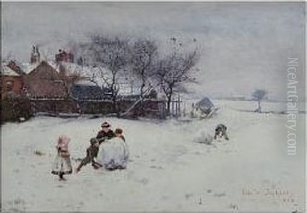 Children Playing In The Snow Oil Painting by Frederick William Jackson