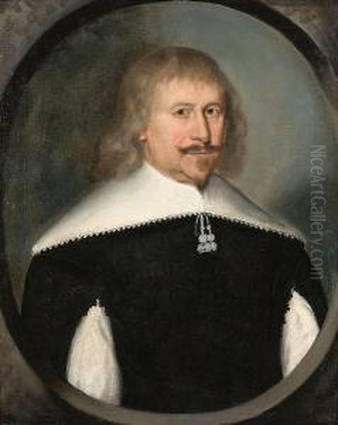 Portrait Of A Gentleman, 
Half-length, In A Slashed Black Doublet, With A White Collar, In A 
Painted Oval Oil Painting by Gilbert Jackson