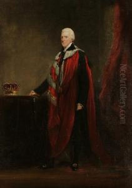 Portrait Full Length, Thought To
 Be Of The Earl Of Harewood, Wearing Ceremonial Robes, Standing Next To A
 Coronet On A Table Oil Painting by John Jackson