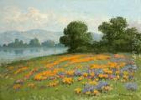 Poppies And Lupine In A California Landscape Oil Painting by William Jackson