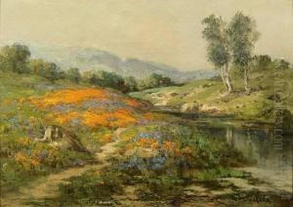 Poppies And Lupine By A River Oil Painting by William Jackson