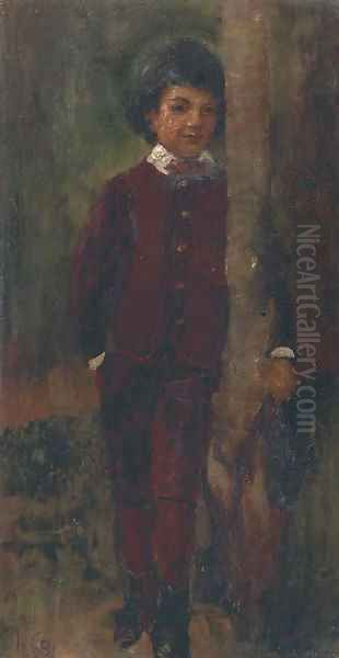 A boy leaning on a tree Oil Painting by James Elder Christie