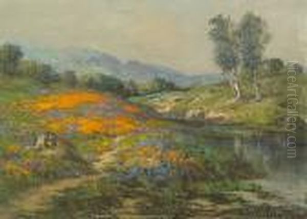 Poppies And Lupine By A River Oil Painting by William Jackson