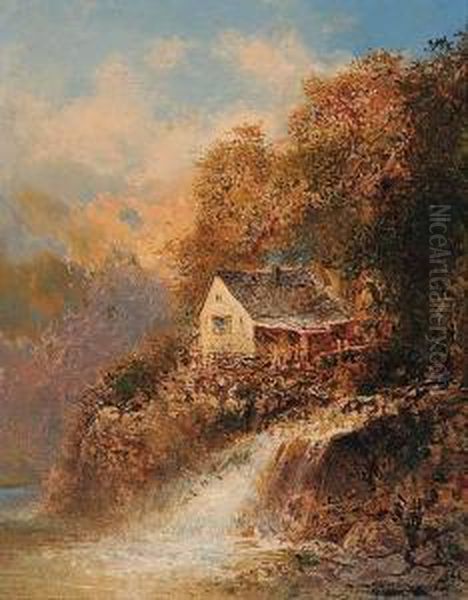 Water Mill Oil Painting by Otto Reinhard Jacobi