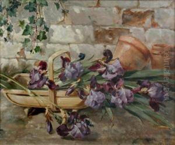 Study Of Blue Flag Irises In A Garden Trug Oil Painting by Otto Reinhard Jacobi