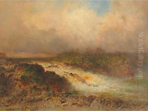 Children At A River Rapids Oil Painting by Otto Reinhard Jacobi