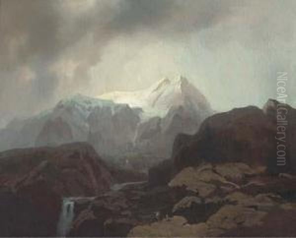 A Mountainous Landscape Oil Painting by Otto Reinhard Jacobi