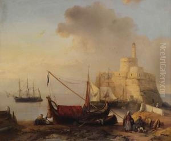 Noord-afrikaans Havengezicht Met
 Aangemeerde Driemaster Op Kalme Zee Nabij Burcht Met Vuurtoren Oil Painting by Jacobus Jacobs