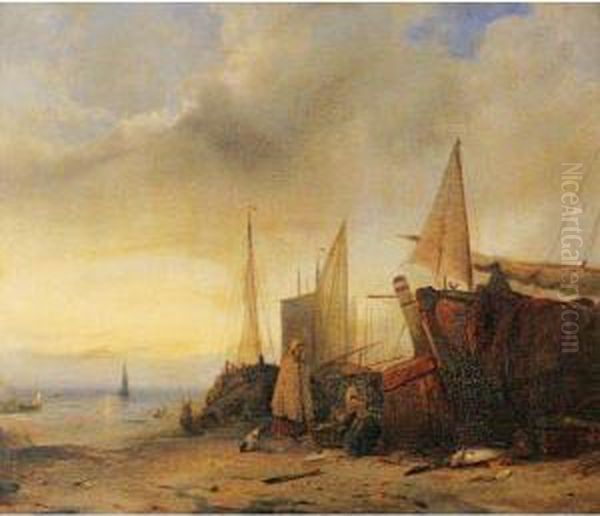 Ships At Low Tide Oil Painting by Jacobus Jacobs